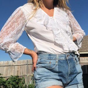 VTG Circle T 70s Romantic Prairie Top Saloon Country Sheer Lace Ruffle Blouse